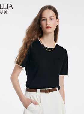 歌莉娅短袖上衣女夏季新款100%纯羊毛黑色套头衫显瘦T恤1C4C5G010