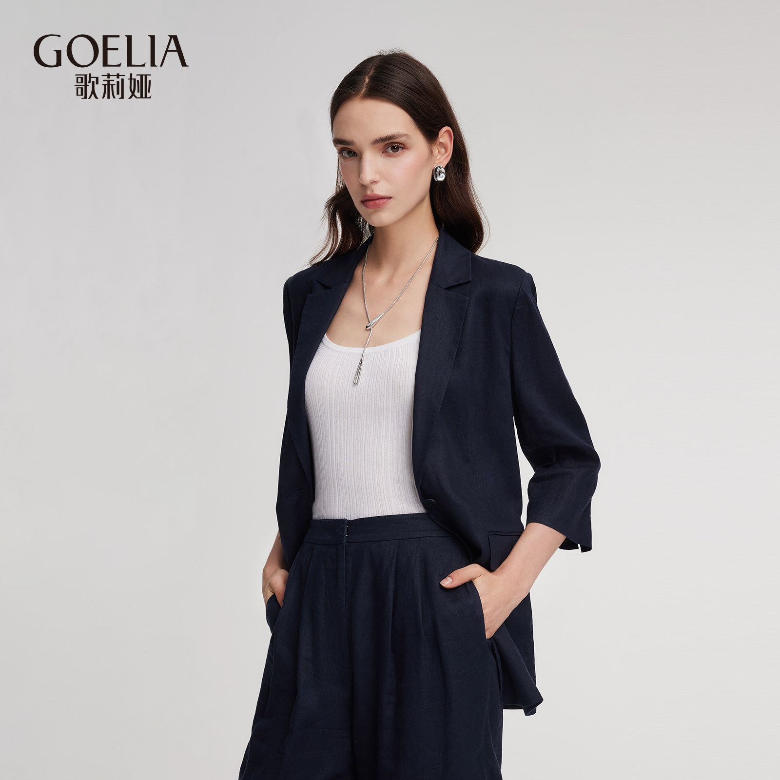 歌莉娅新品亚麻七分袖西装1ESL6M940