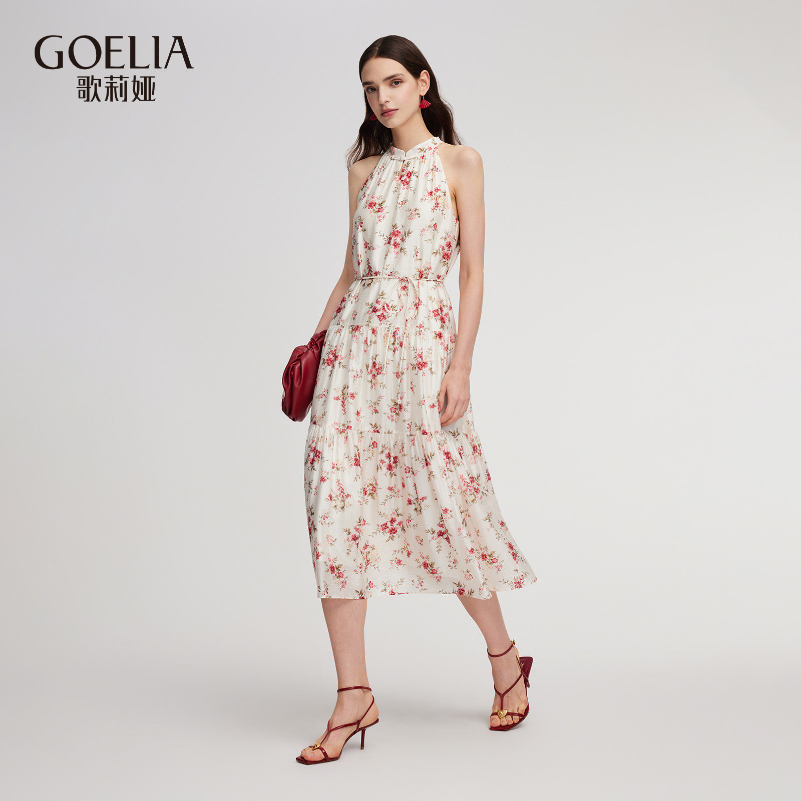 歌莉娅新品天丝印花新中式挂脖连衣裙配腰带+发圈1ESL4K340