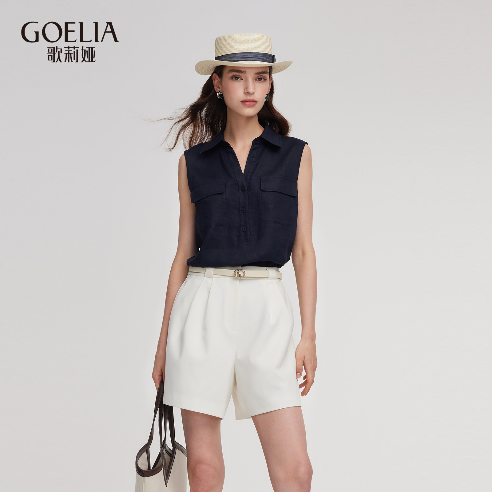 歌莉娅新品亚麻无袖衬衫1ESL3A090