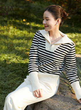 歌莉娅女装上衣毛针织衫2024秋季新款时尚条纹翻领毛衣1CCC5J010