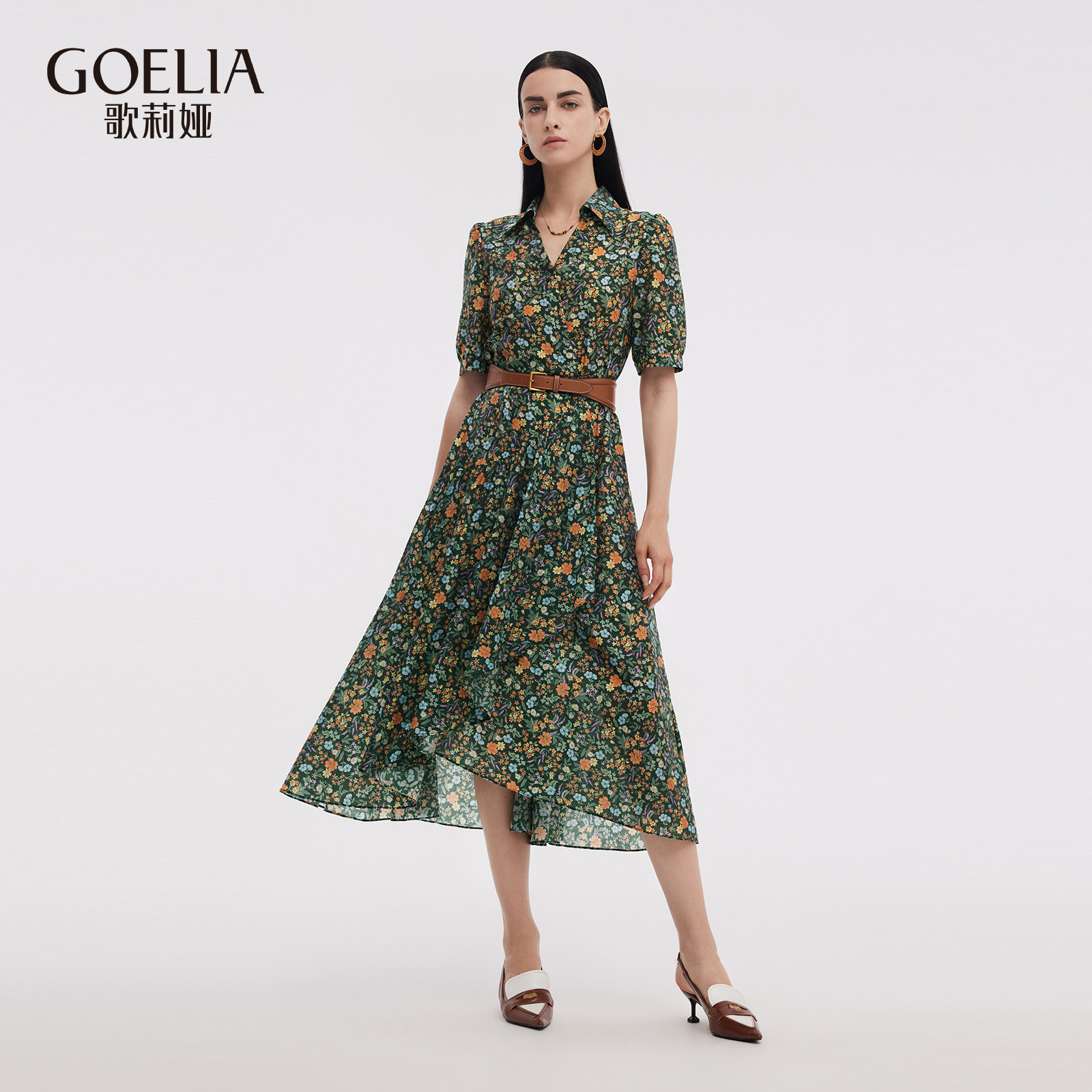 歌莉娅秋季新品墨绿森系繁花印花连衣裙配腰封1E7C4K240