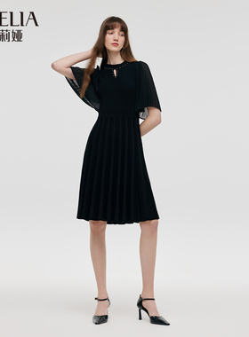 歌莉娅黑色连衣裙女夏2024新款通勤毛织拼接收腰小黑裙1C6C4G6W0