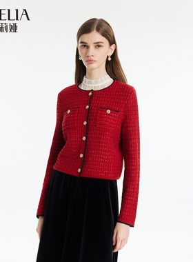 歌莉娅上衣女冬季新款小香风毛织新年红色开衫毛衣外搭1BNR6J4K0