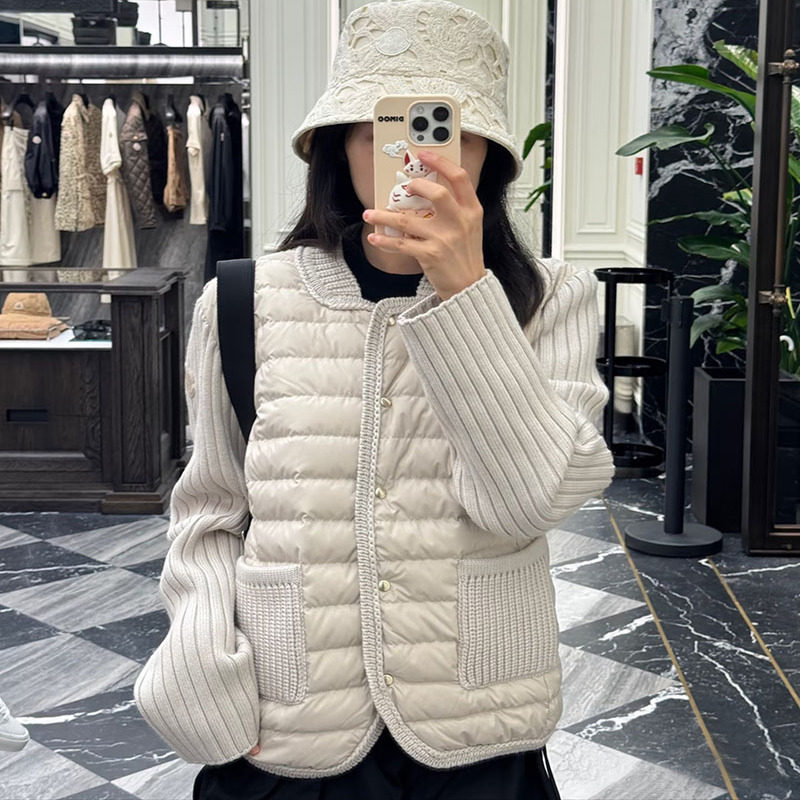 新品小香风秋冬薄款针织羊毛拼接羽绒服
