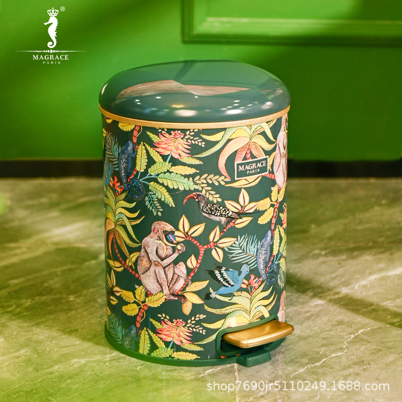 法国MAGRACE复古大容量丛林猴影脚踏式垃圾桶家用客厅卧室带盖桶