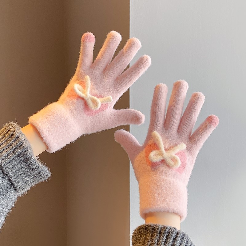 2026蝴蝶结粉色针织手套女冬季骑行触屏毛线学生冬天五指加厚保暖