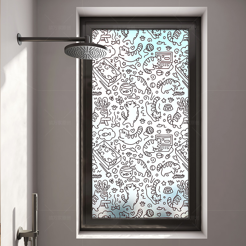 可爱猫咪浴室防窥玻璃贴可定制