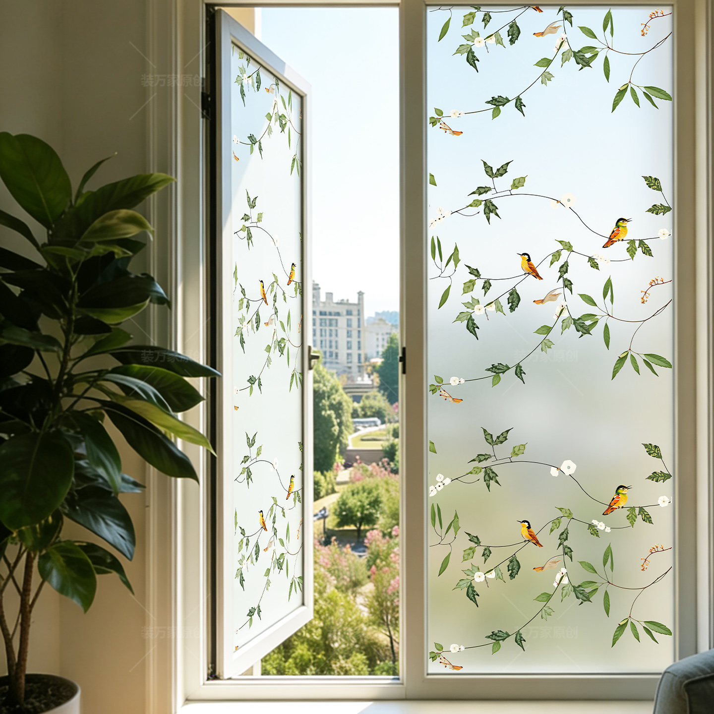 中式法式复古花鸟防窥玻璃贴纸