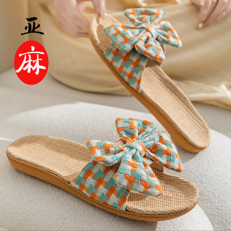 蝴蝶结居家亚麻拖鞋女款布艺新款夏季室内家居家用棉麻编织凉拖鞋