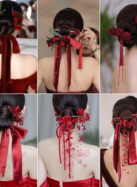 结婚红色花朵新娘头饰2023新款敬酒服晚L礼服订婚发饰简单大气中