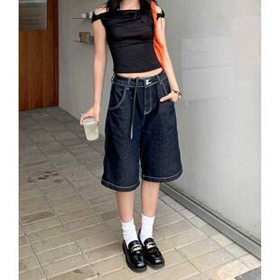 美式复古黑色仔NAC短裤女2024新款夏季宽松直五筒阔腿牛裤中分裤