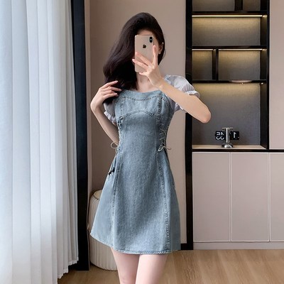 小个子穿搭牛仔连衣裙2024新款女夏季设计感小众抽绳遮肉中长裙子