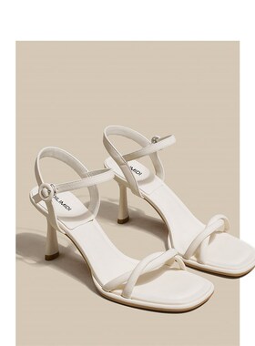 白色一字带时尚百搭凉鞋女202z4年新款夏季网红高跟鞋法式女鞋细