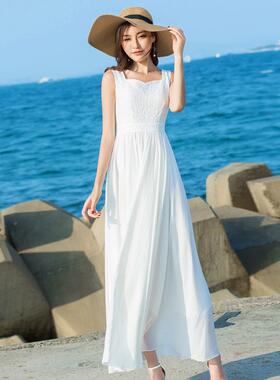 白色长连裙女20气24新款摆长款大裙夏收Q-1008腰无袖修身质蕾丝拼