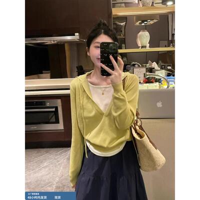 假两件连帽v领针织衫女春秋2025新款小个子宽松打底衫短款上衣