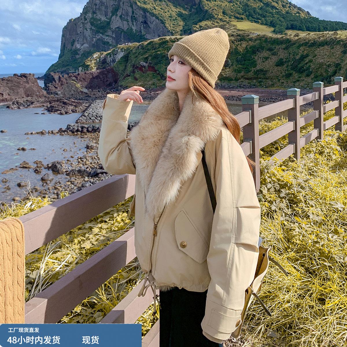 工装大毛领派克服羽绒服女冬季短款加厚保暖韩版宽松休闲羽绒外套