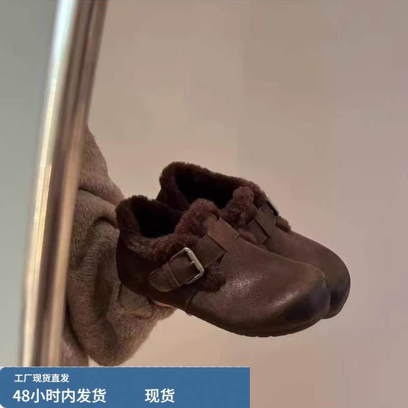 复古加绒勃肯鞋女款2025冬季新款休闲百搭一脚蹬保暖棉鞋子毛毛鞋