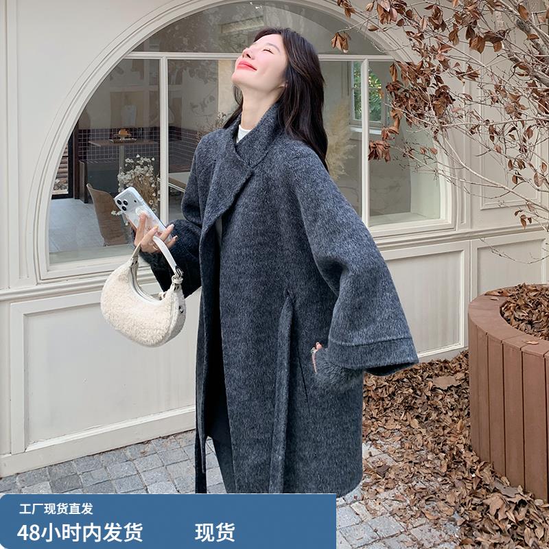 深灰色双面毛呢外套女冬季2025新款爆款韩系巨好看小个子呢子大衣