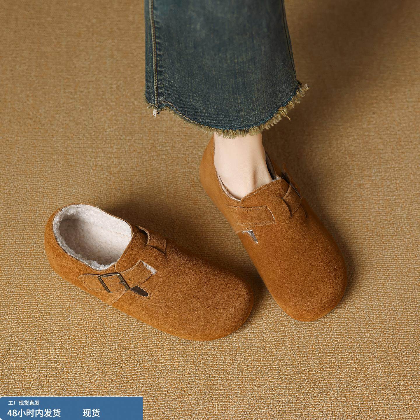 牛皮版~内增高全包勃肯鞋女秋冬加绒保暖毛毛棉鞋皮带扣博肯单鞋