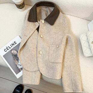 80%韩系米色双面羊绒大衣女短款2024秋冬新款小个子气质毛呢外套