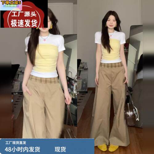 2025夏季新款撞色拼接圆领短袖t恤女韩系设计感甜辣修身气质上衣