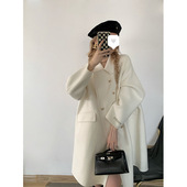 高级感大衣秋冬新款 宽松时尚 赫本风双排扣毛呢外套中长款 白色法式