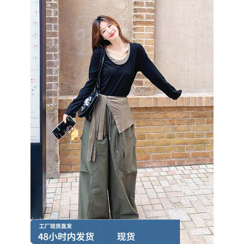 黑色撞色打底军绿色阔腿裤三件套女春秋韩里韩气大方得体chic套装