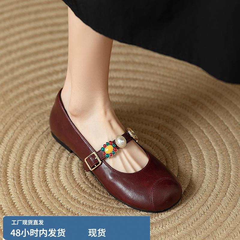 金属扣一字带扣低跟玛丽珍女鞋春秋新款酒红色圆头浅口平底单鞋女