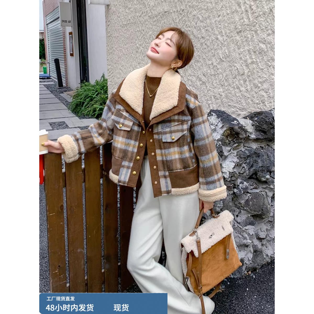 格子羊羔毛拼接羽绒服女冬季加厚小个子2025新款宽松大翻领厚外套