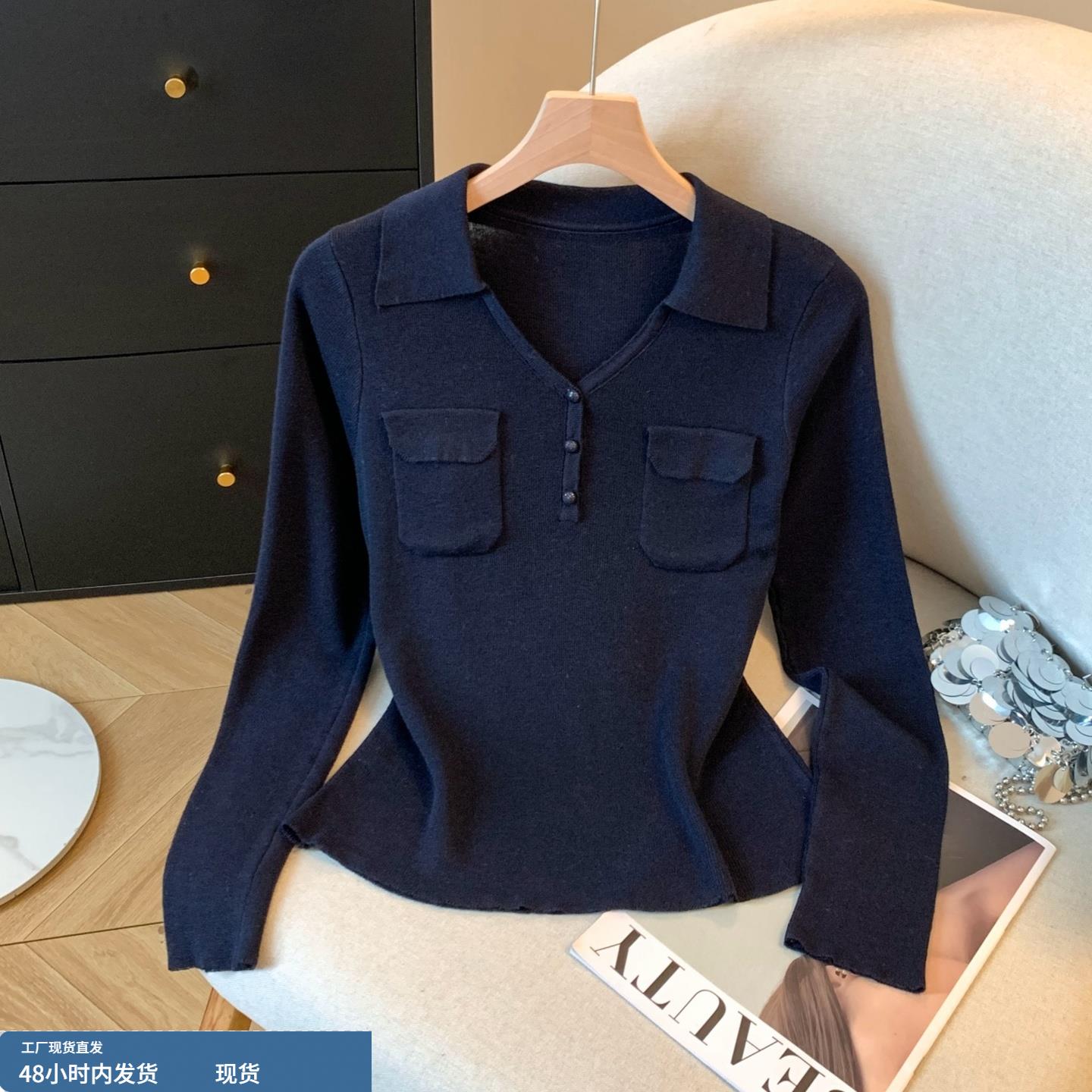 法式polo领藏青色针织长袖上衣女2025夏时尚设计感小众v领打底衫