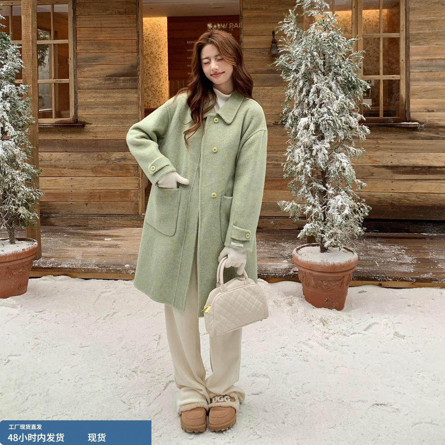 浅绿色百搭保暖双面呢大衣女2025秋冬季新款韩版时尚显瘦毛呢外套