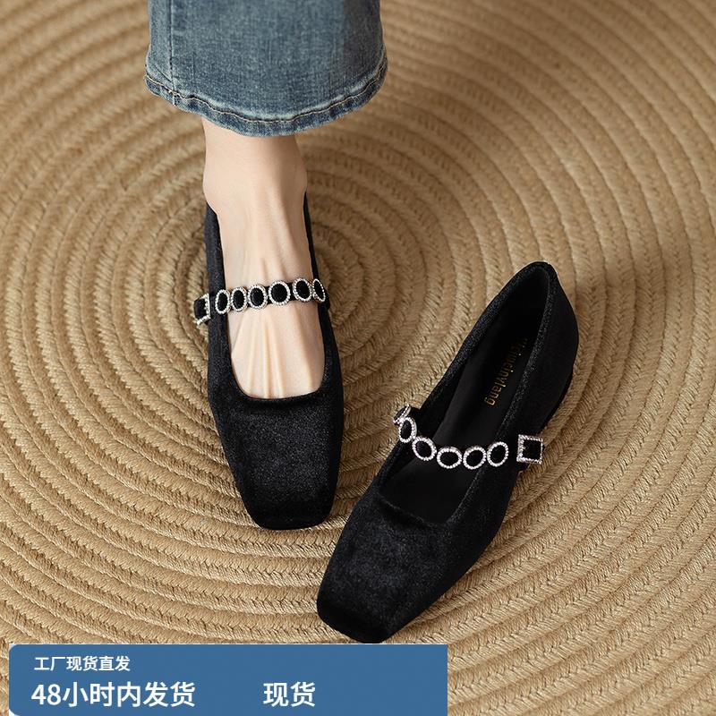 法式水钻一字带扣低跟玛丽珍女鞋春秋新款方头浅口平底大码单鞋女