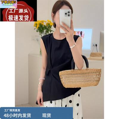 法式小清新黑色扭结掐腰无袖上衣女夏季新款高级感小衫设计感小众