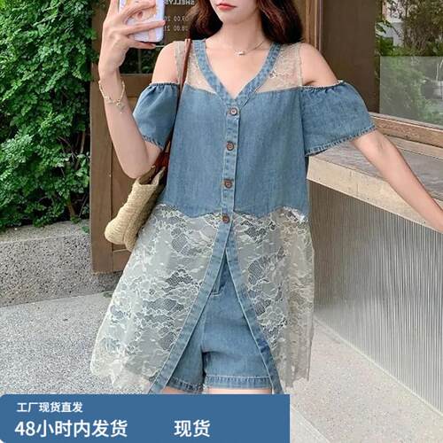 蕾咝拼接露肩设计牛仔套装女夏季小众短袖上衣阔腿短裤大码两件套