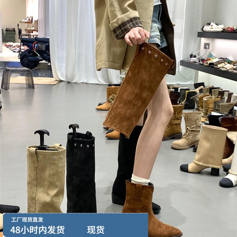 棕色美拉德绒面高跟尖头长筒骑士靴女靴子2025秋冬季西部瘦瘦长靴