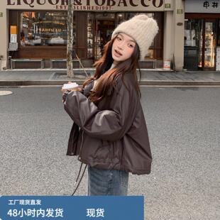 深咖色针织翻领两面穿皮衣羽绒服女冬酷讽炸街小个子加厚短款外套