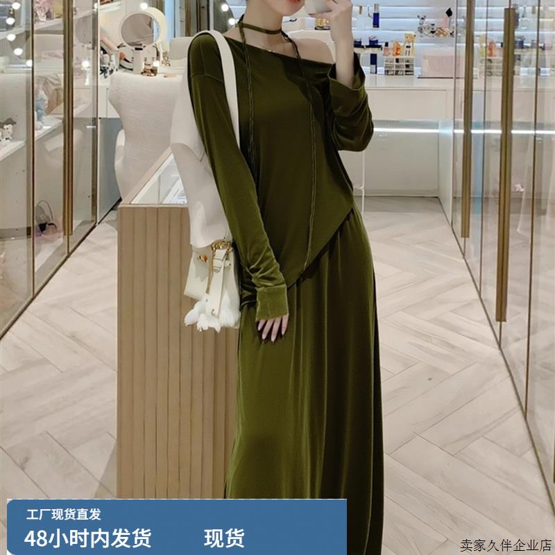 气场强大名媛气质女神范巨好看轻熟大方得体绿色丝绒连衣裙套装秋