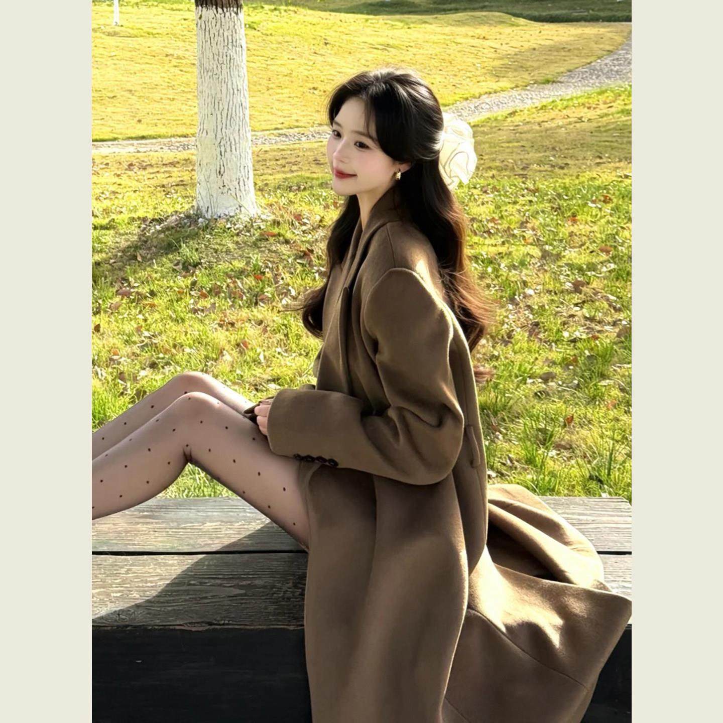 老钱风复古咖色系带毛呢外套女秋冬季高级感长款收腰气质显瘦大衣,运动/瑜伽/健身/球迷用品,广场舞套装,淘宝优惠券,粉丝福利购,淘宝优惠卷