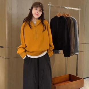 黄色半拉链连帽卫衣女款2025早秋季新款韩系小个子宽松慵懒风上衣