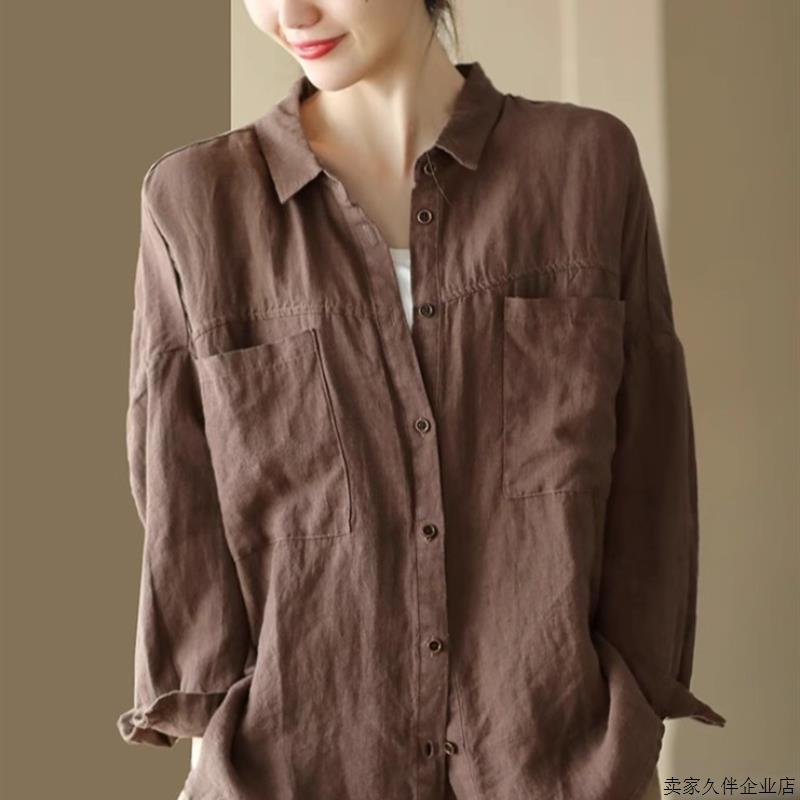 棉麻衬衫女士2025春秋新款妈妈宽松遮肚高端亚麻长袖开衫普宁上衣