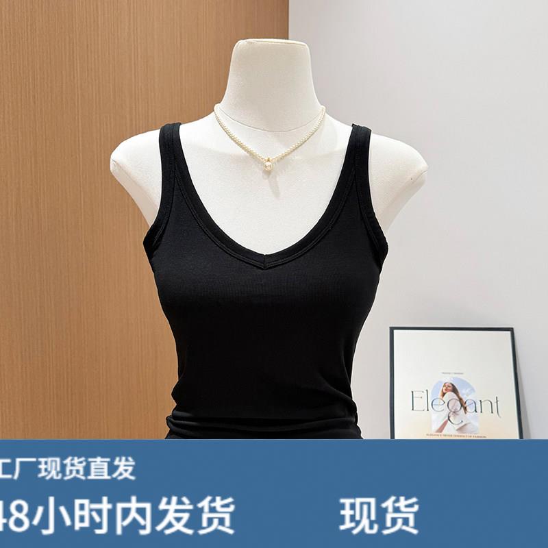 纯欲性感黑色冰丝针织无袖吊带背心女夏V领带胸垫免穿内衣薄上衣
