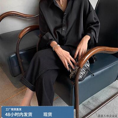 黑色醋酸缎面翻领长袖衬衫女春秋欧货大码垂感宽松气质衬衣开衫