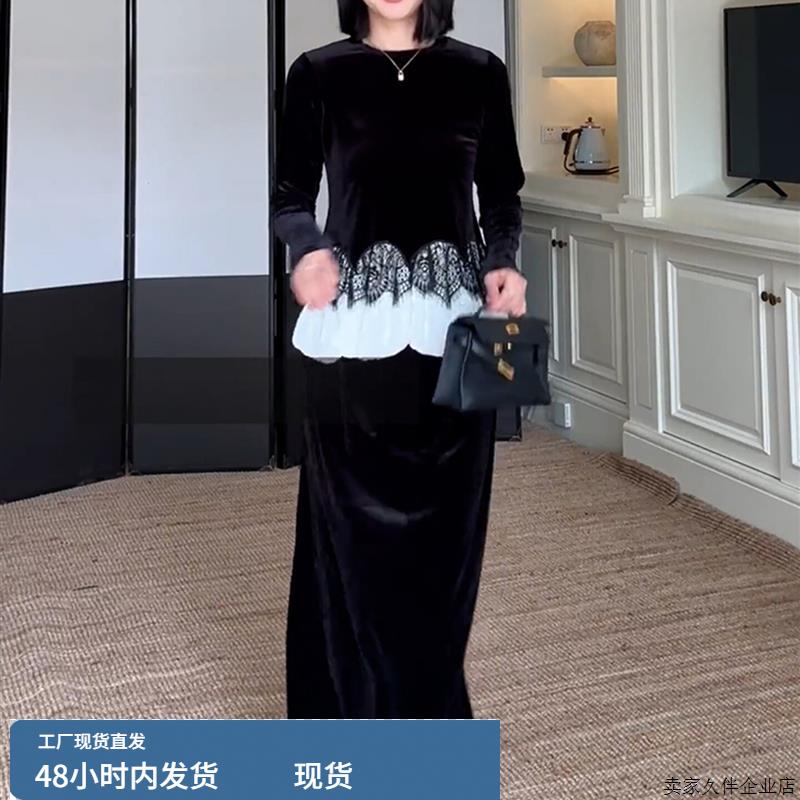 早秋搭配一整套高级感巨好看高端精致重要场合黑色丝绒连衣裙套装