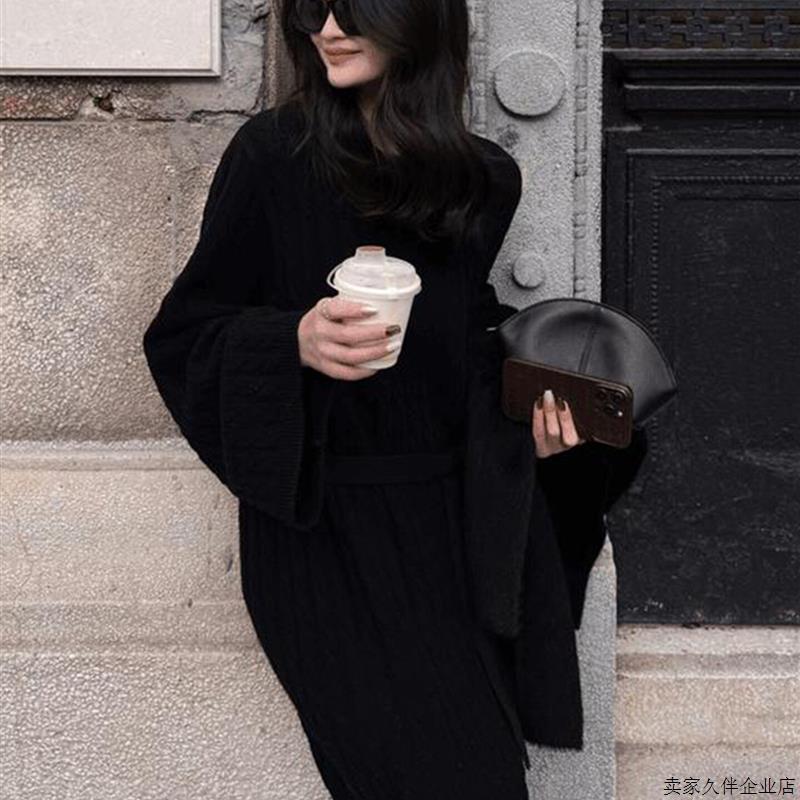 贵气感御姐穿搭名媛气质女神范长裙巨好看的黑色针织内搭连衣裙秋