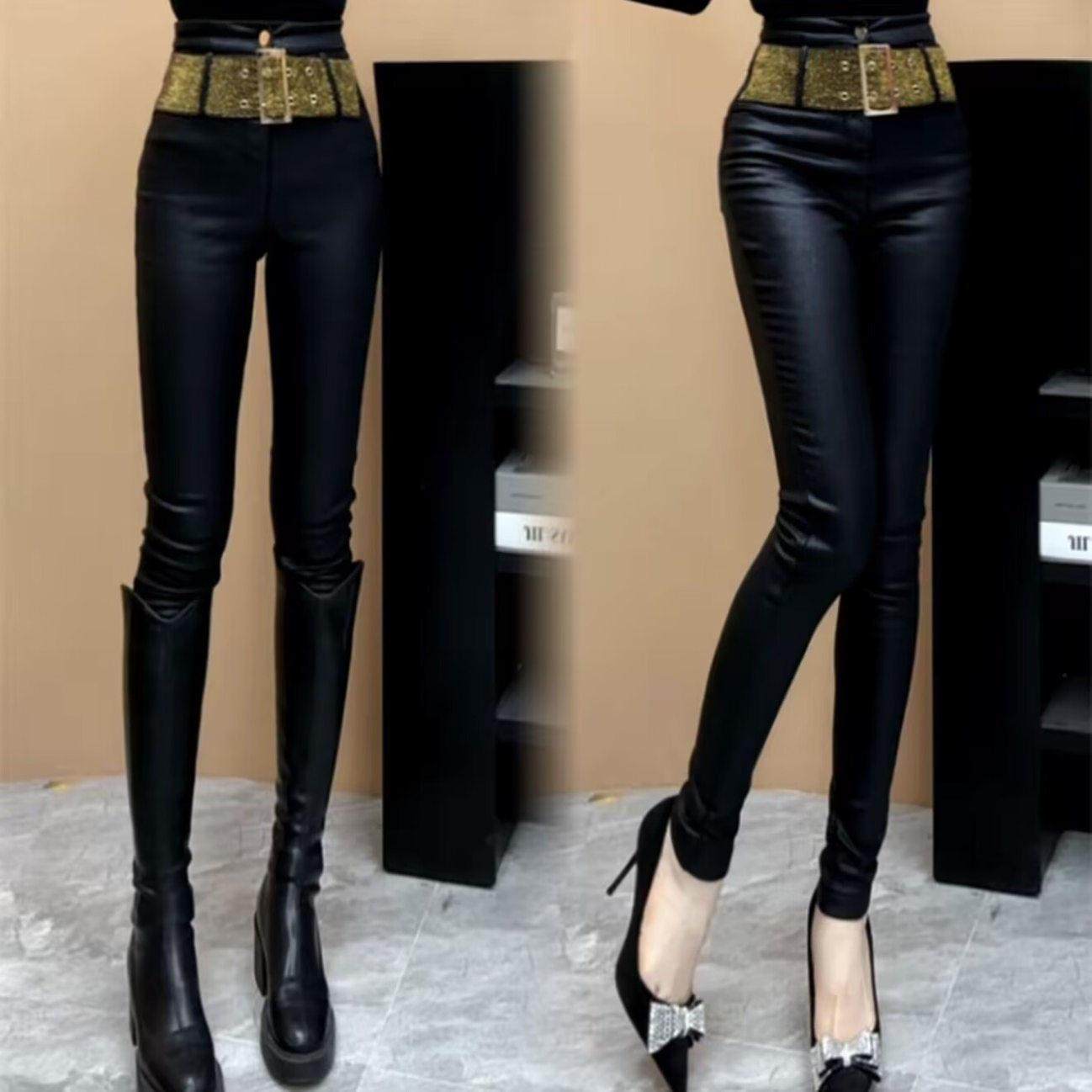 高级感亮钻腰带黑色加绒小脚裤皮裤女冬季新款高腰百搭显瘦铅笔裤,模玩/动漫/周边/娃圈三坑/桌游,Cosplay女装/cos女装,淘宝优惠券,粉丝福利购,淘宝优惠卷