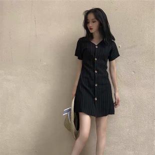 2025年新款网红收腰显瘦黑色短款连衣裙女超仙轻熟显高小个子裙夏