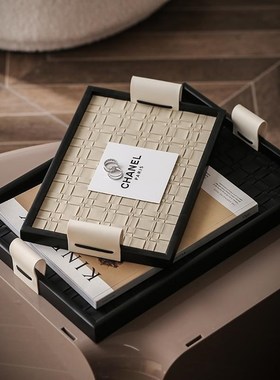 手工皮革木质托盘轻奢首饰收纳桌面摆件样K板房间家居摆件水杯香