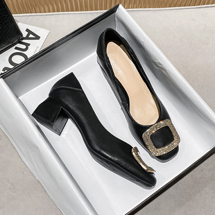 单鞋 新款 爆款 女2024春季 奶奶 韩版 百搭真皮方头粗跟中跟W浅口大码