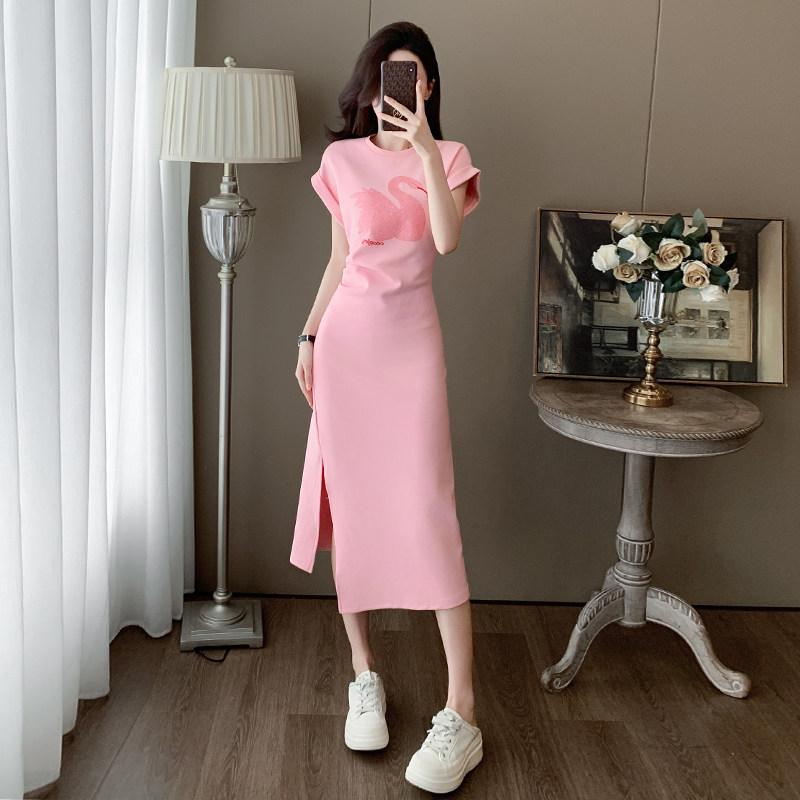 法式气质连衣裙女夏季新款褶皱收腰设计感小众粉色亮片T恤开叉裙,女装/女士精品,大码内搭,淘宝优惠券,粉丝福利购,淘宝优惠卷